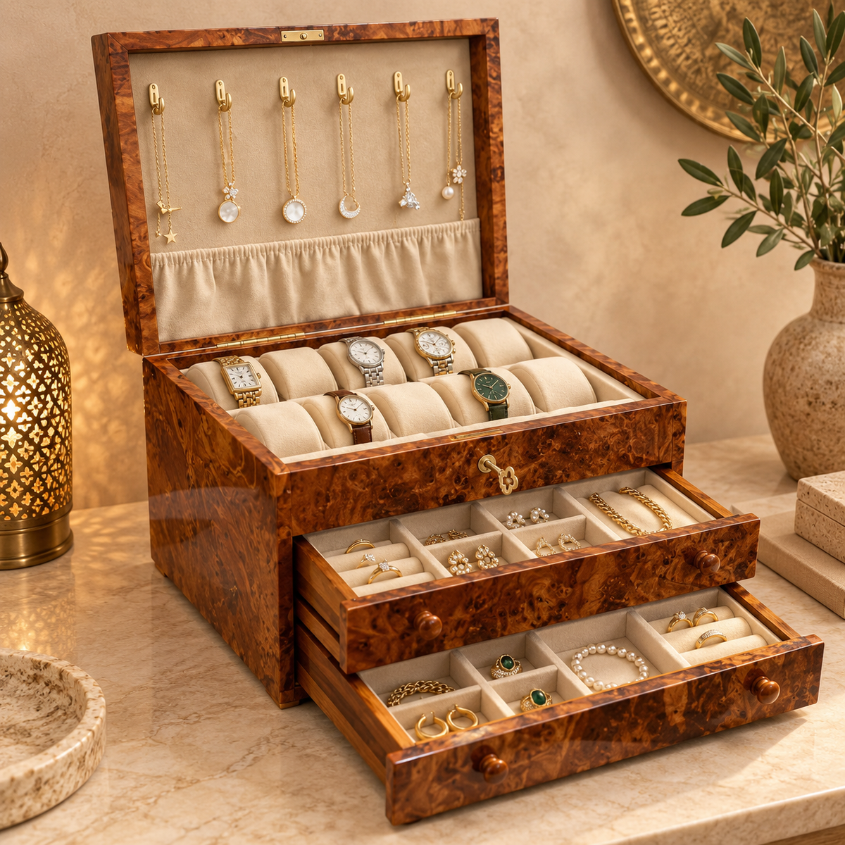 Luxury Thuya Burl Wood Jewelry Box & Watch Box with Drawers – additional view 1