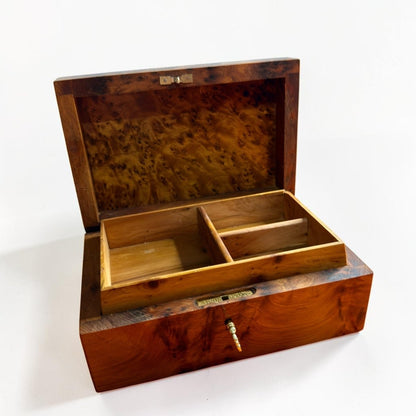 Open lockable jewelry box with multi compartment interior and Thuya burl wood