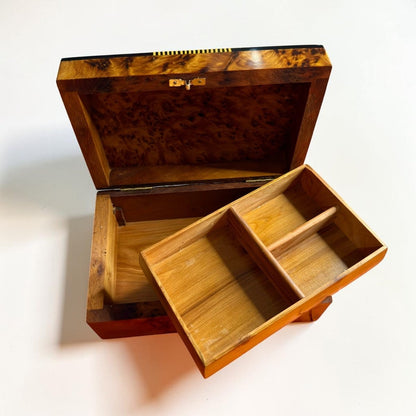 Lockable Thuya wood jewelry box with divided interior for jewelry and keepsakes