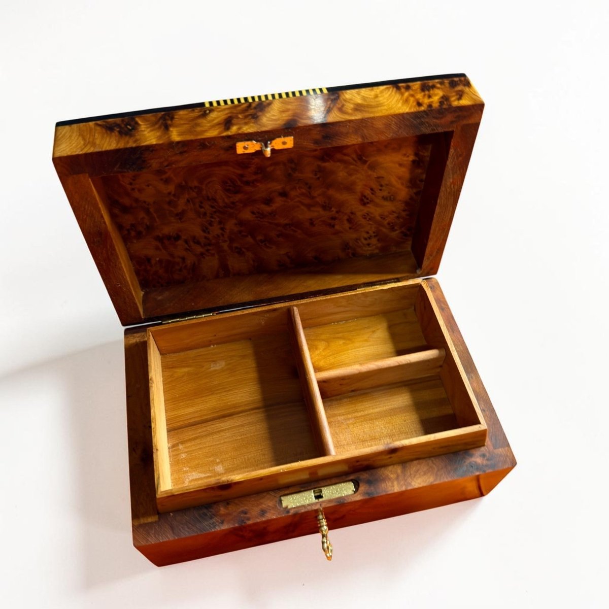 Moroccan Thuya jewelry box with brass lock and organized interior compartments