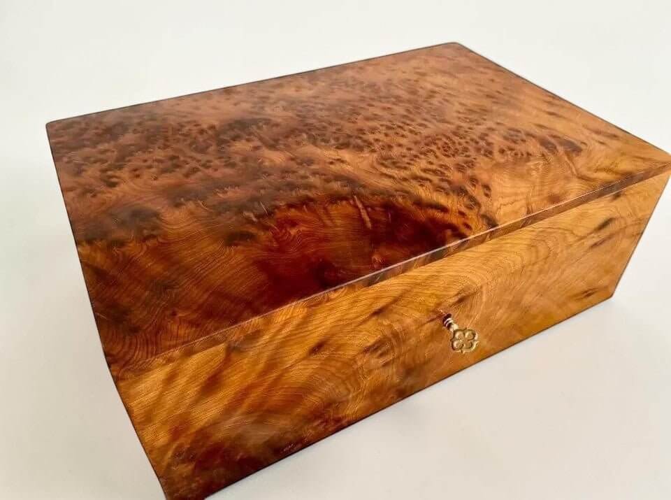Lockable Wooden Box – Handmade Moroccan Thuya Keepsake Box with rich Thuya burl wood grain.