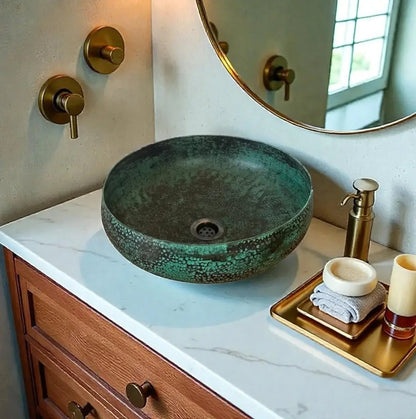 AtlasMuseCrafts handmade green patina copper vessel sink with hammered texture. Luxury bathroom basin.
