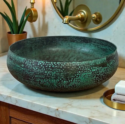 AtlasMuseCrafts handmade green patina copper vessel sink with hammered texture. Luxury bathroom basin.