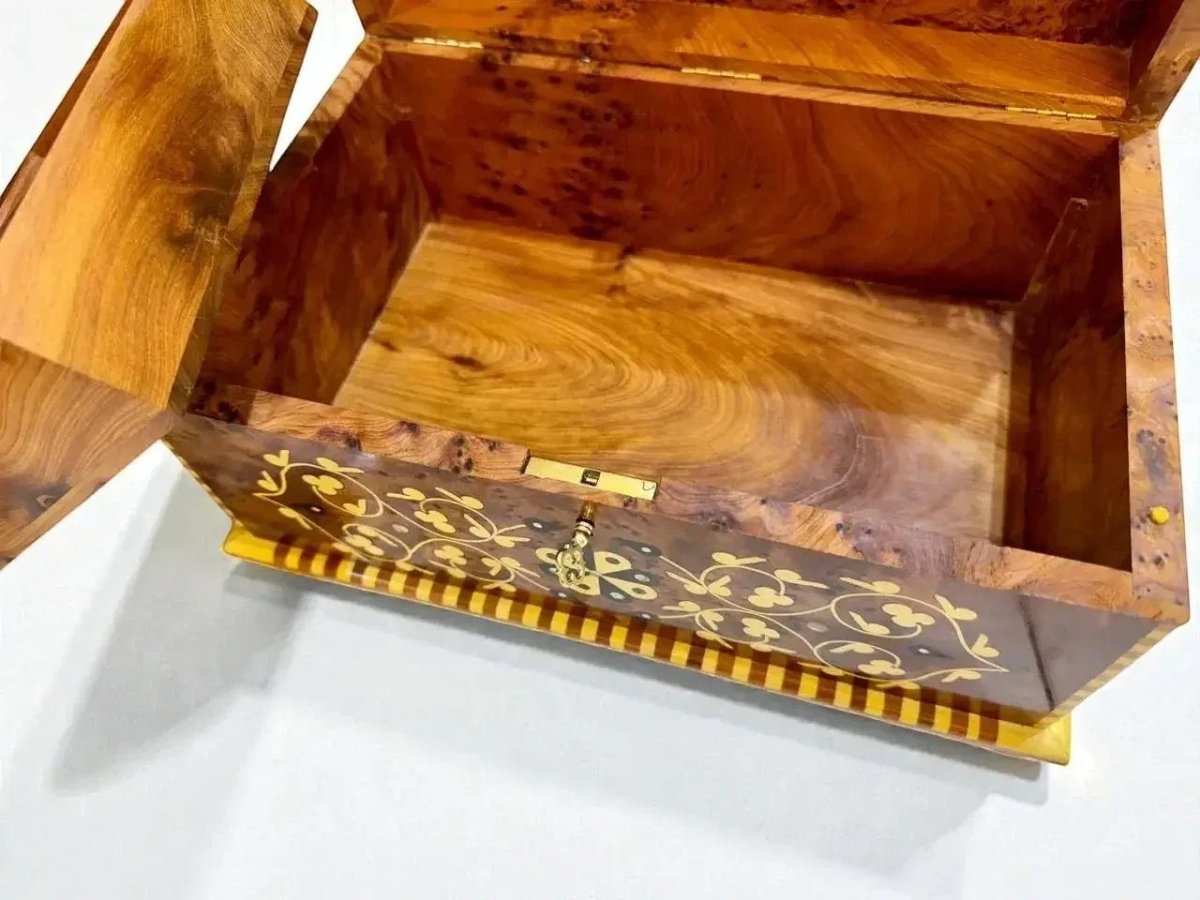 Moroccan Thuya burl wood keepsake box with brass lock and striped base detail