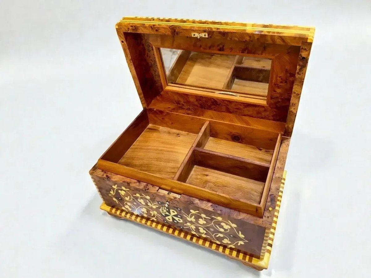 Open Thuya burl keepsake organizer with mirror and two tier interior