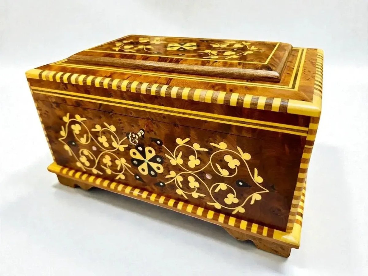 Luxury Thuya burl wood keepsake box with brass lock and polished grain