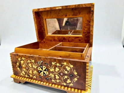 Luxury keepsake box organizer with mirror, brass lock, and Thuya burl grain