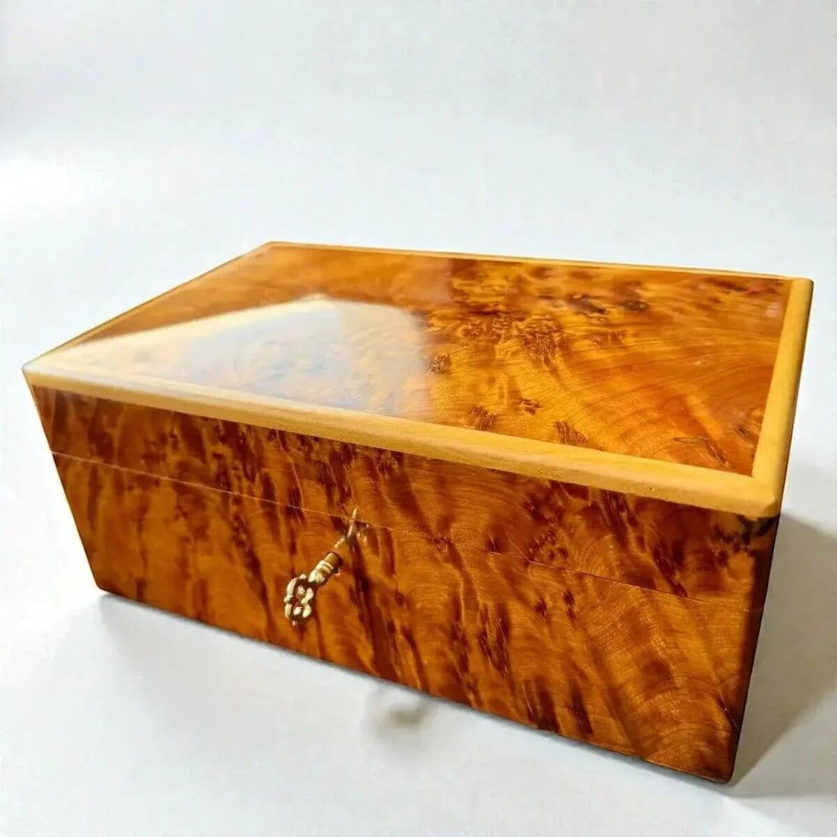 Luxury Wooden Jewelry Organizer – Moroccan Thuya Burl, handcrafted Thuya wood box with polished amber finish.