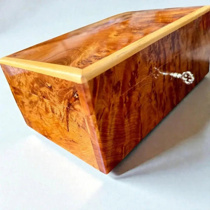 Moroccan Thuya jewelry storage box with polished amber finish and clasp