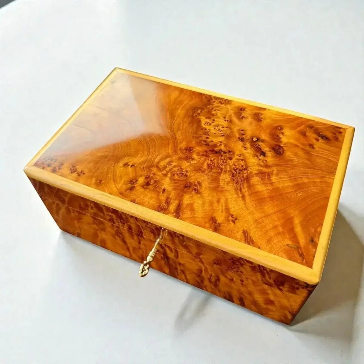 Luxury Wooden Jewelry Organizer – Moroccan Thuya Burl, handcrafted Thuya burl wood box with polished amber finish.