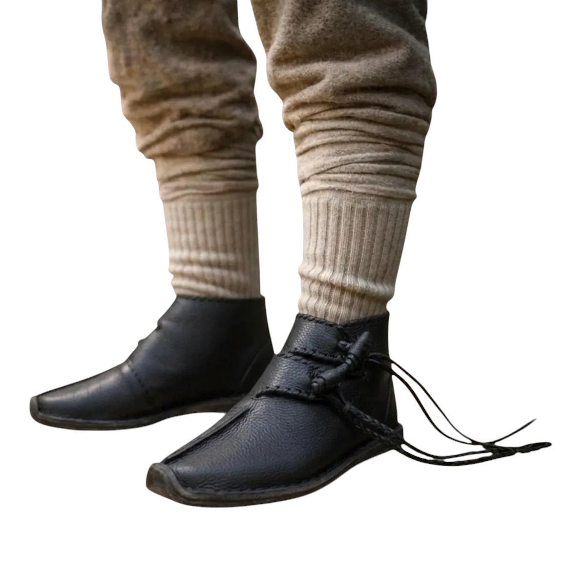 AtlasMuseCrafts black handmade cowhide leather medieval shoes with toggle closure and natural leather sole.