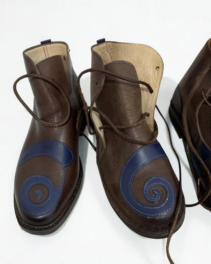 AtlasMuseCrafts brown leather boots with pointed toe and blue swirl detail, lace-up closure, suitable for LARP, cosplay, and reenactment.