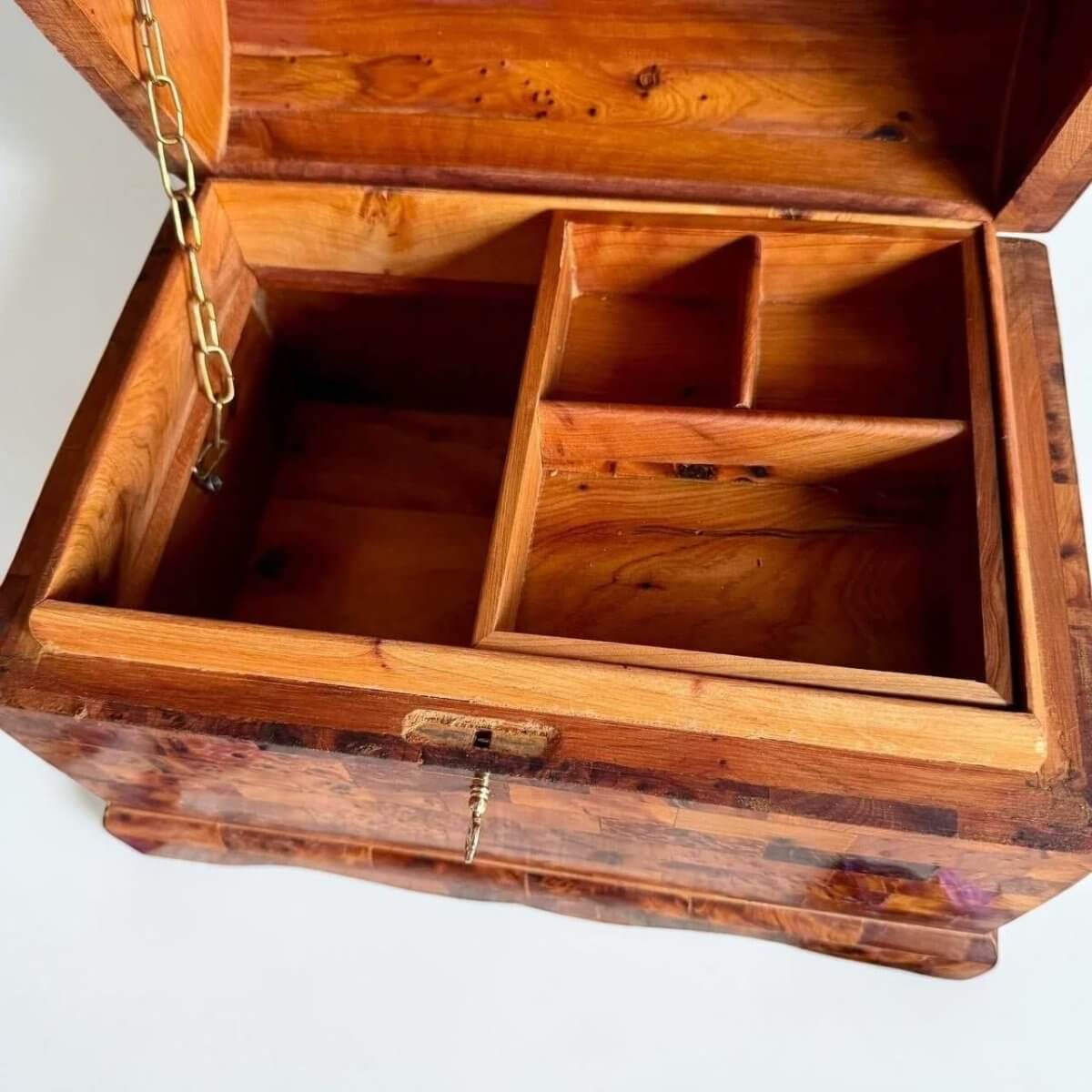 AtlasMuseCrafts handmade Mexican wooden box crafted from Thuya burl wood with brass key lock and interior dividers.