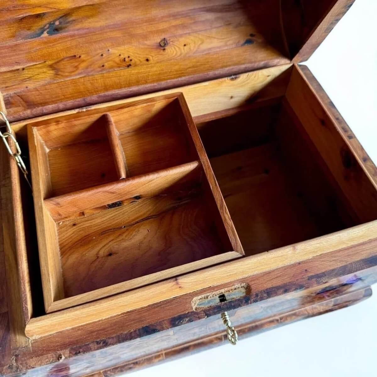 AtlasMuseCrafts handmade Thuya burl wooden box with coffer-style design and brass lock. Features a removable organizer tray.