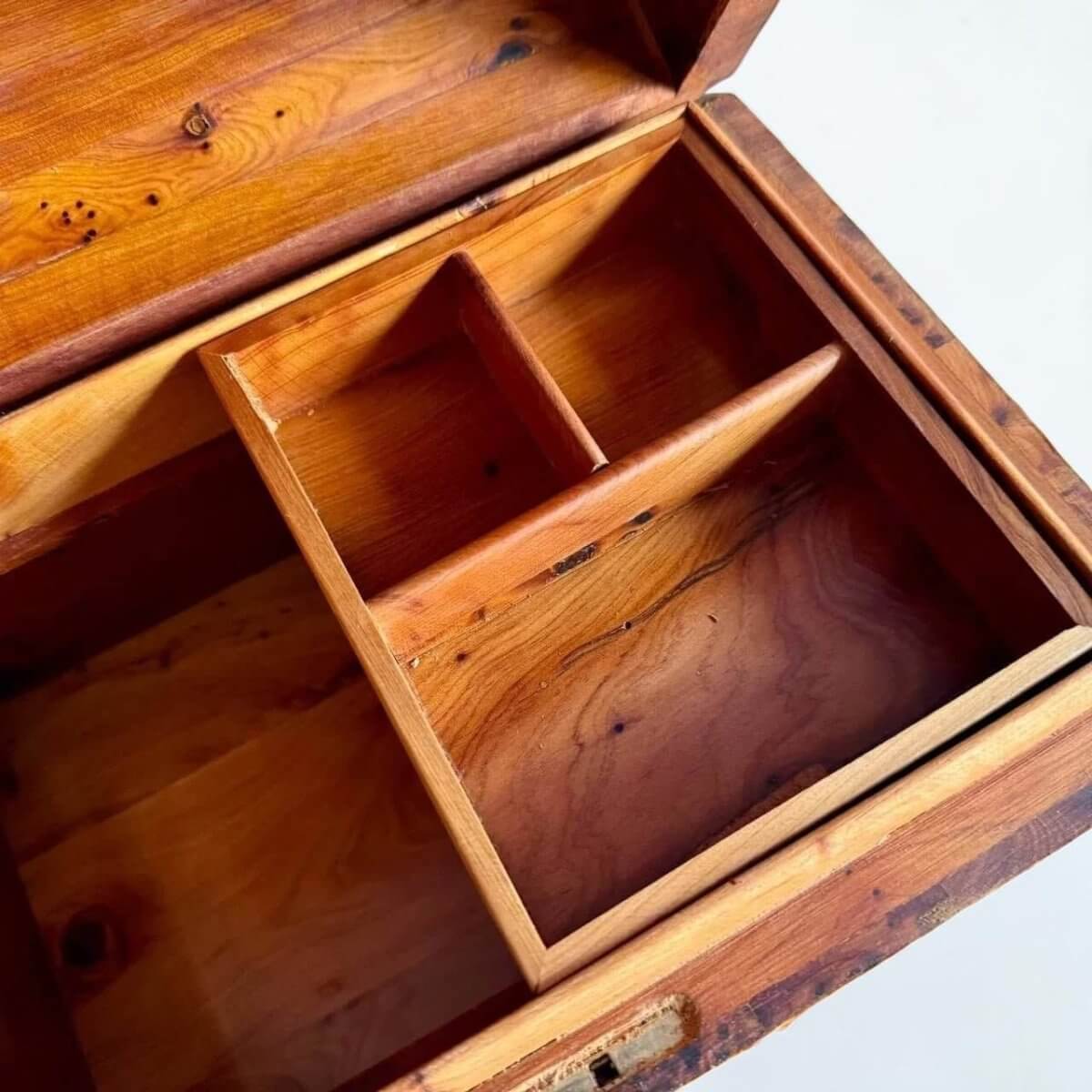 AtlasMuseCrafts handmade Thuya burl wooden box with coffer-style design and interior dividers. Natural wood grain.