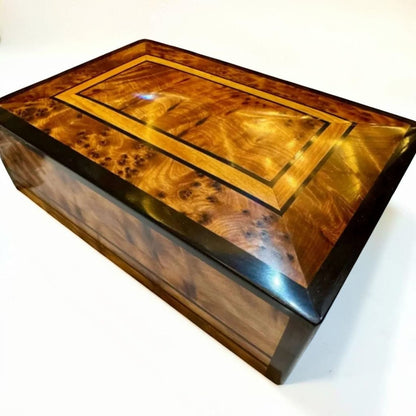 Handmade Thuya wooden box with polished finish and brass lock detail
