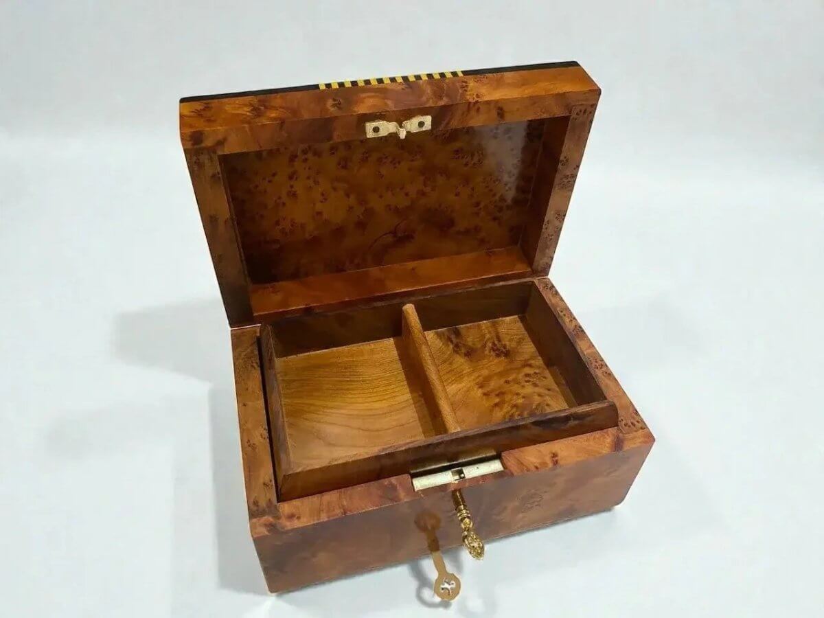 Wooden Jewelry Organizer – Moroccan Thuya Burl, handcrafted box with two compartments from Thuya burl wood.