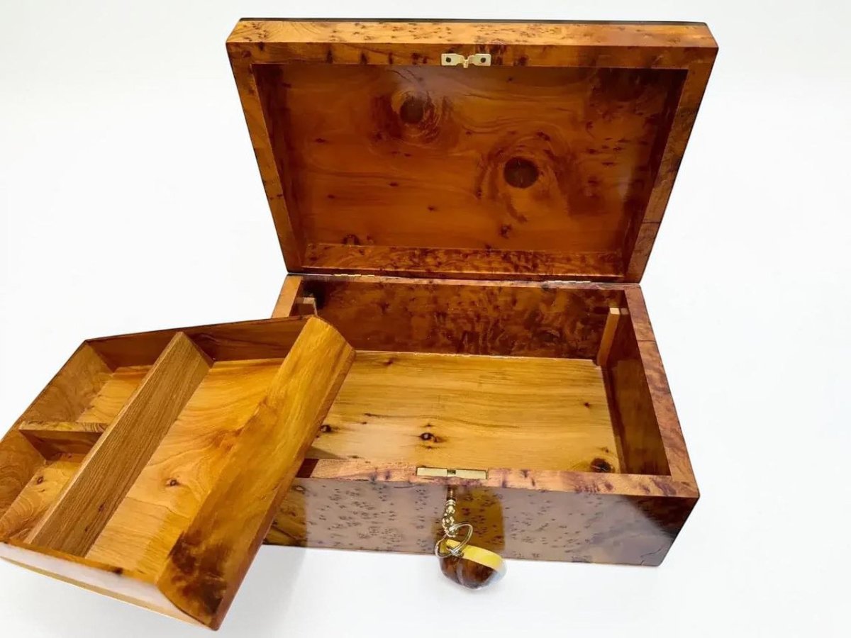 Handcrafted Moroccan Thuya wood jewelry box with brass lock and divided interior