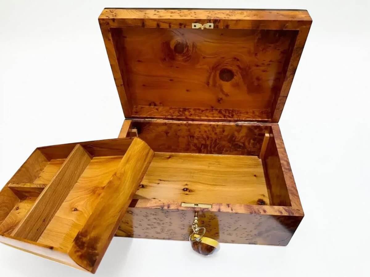 Moroccan Wooden Box – Handcrafted Thuya Jewelry & Keepsake Box with removable divider and lockable design.