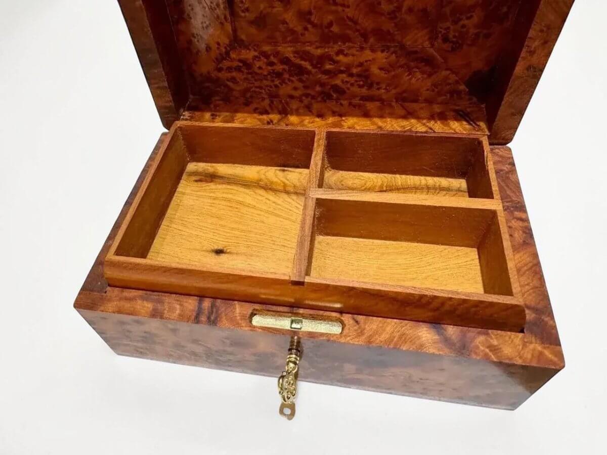 Interior view of Moroccan Wooden Box – Handcrafted Thuya Jewelry & Keepsake Box with compartments for organized storage.