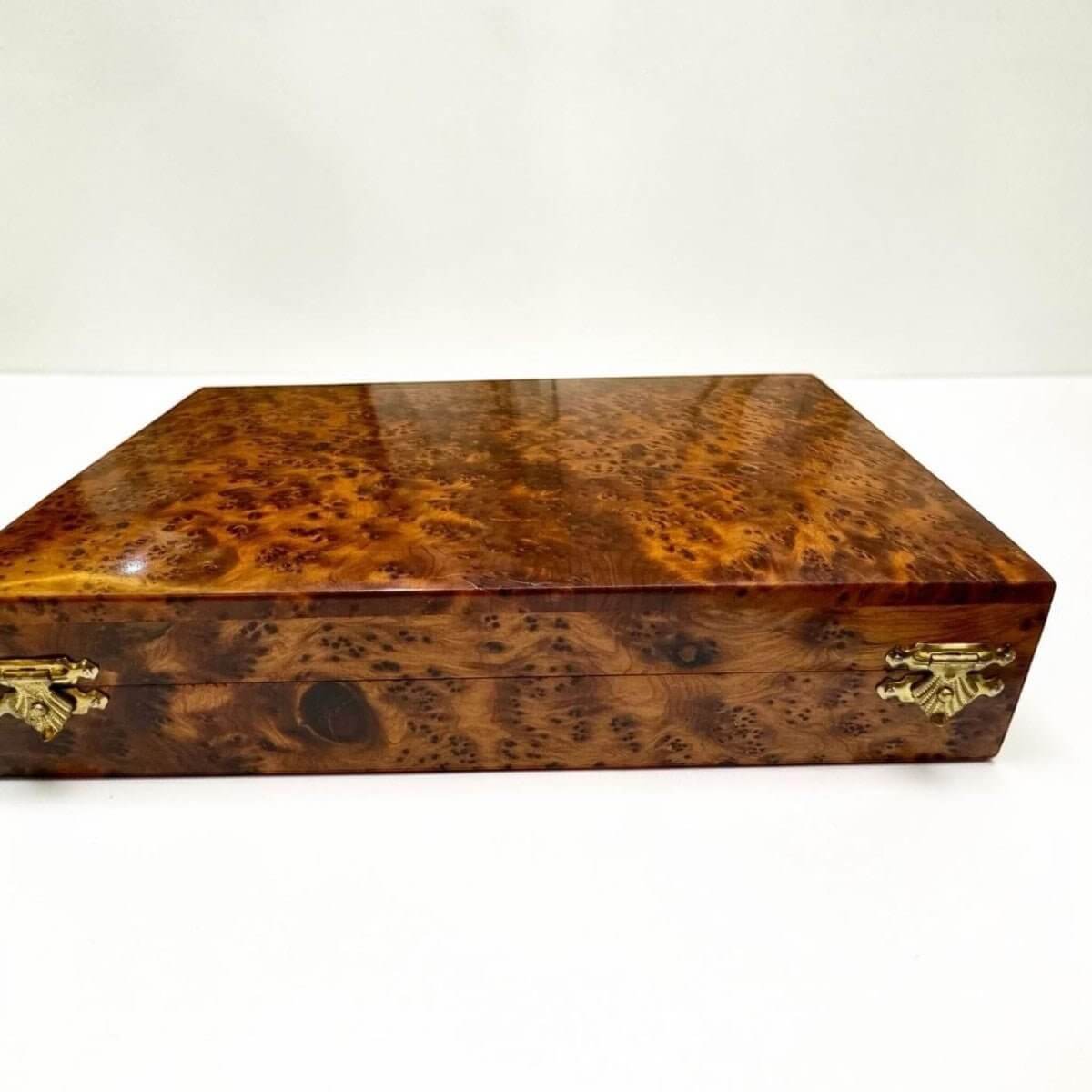 Wooden pencil case handmade from Thuya burl wood with ornate brass clasps