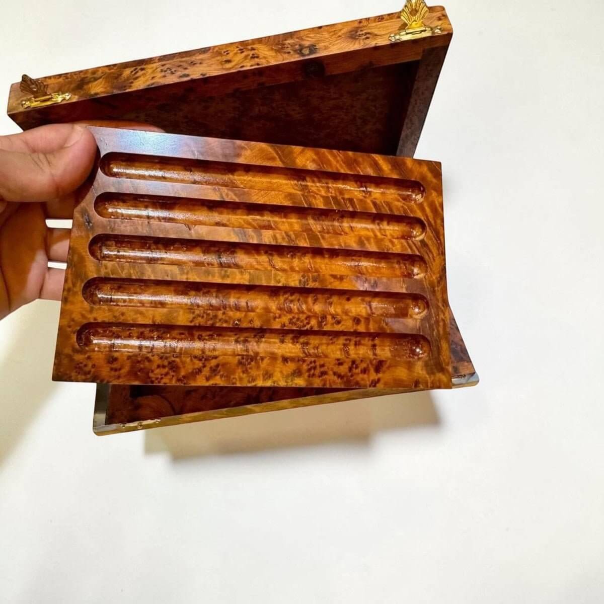 Handmade Thuya wood pen case with grooved interior for pencils and writing tools