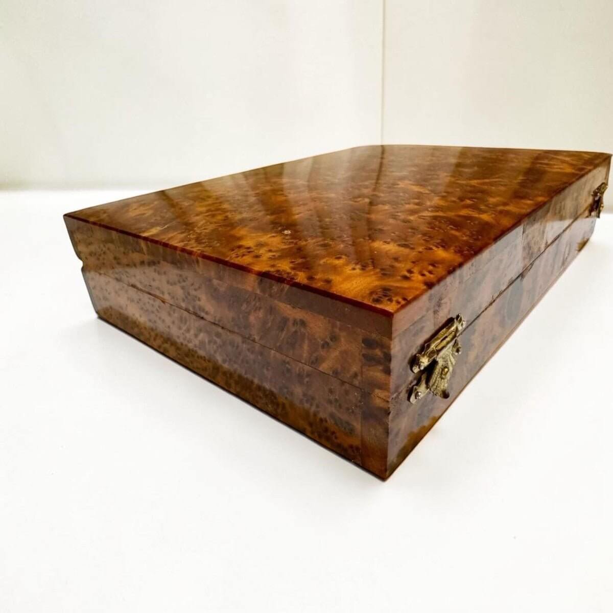 Thuya wood pencil box with brass clasp for stationery pens and pencils