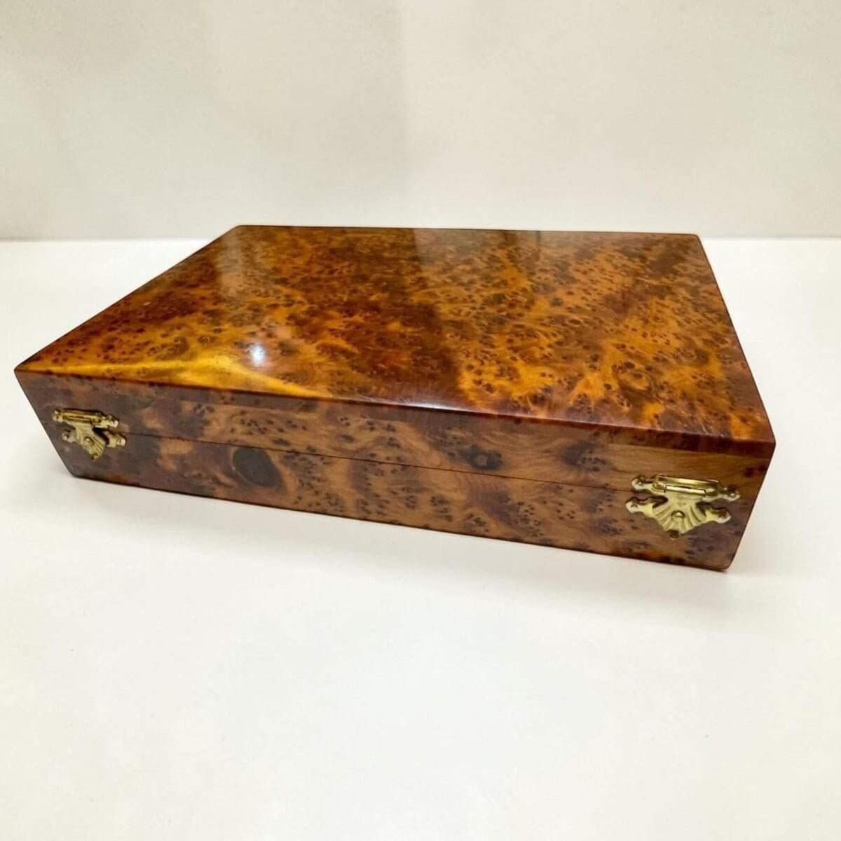 Handcrafted Moroccan wooden pen case with brass latch and aromatic Thuya burl grain