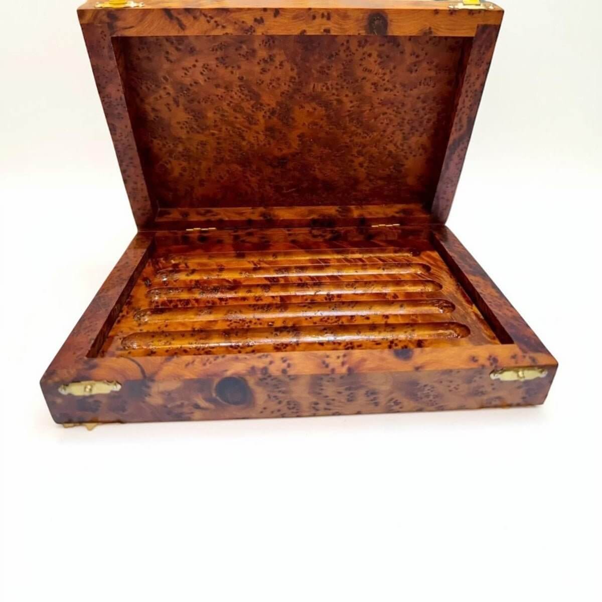 Moroccan Thuya wood pen and pencil case with brass accents and burl pattern
