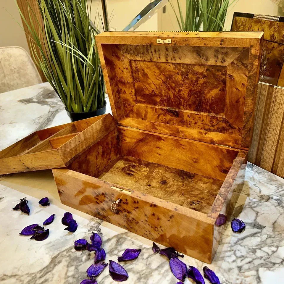 Luxury Burl Wood Jewelry Box Lockable Organizer Gift Box - AtlasMuseCrafts