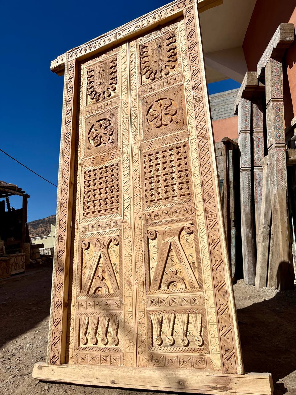 Antique Door Moroccan Double Door Carved With knocker - AtlasMuse