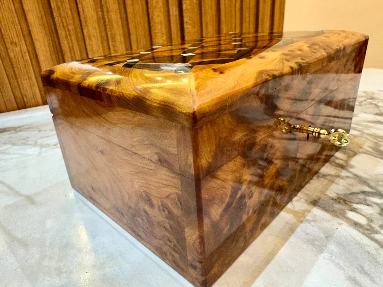 Handmade Moroccan Thuya Wood Jewelry Box, Lockable Burl Organizer with Key - AtlasMuseCrafts