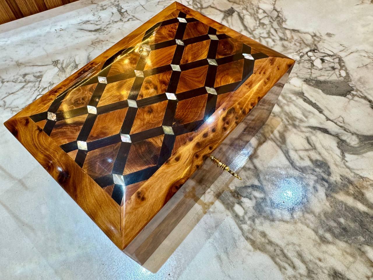 Handmade Moroccan Thuya Wood Jewelry Box, Lockable Burl Organizer with Key - AtlasMuseCrafts