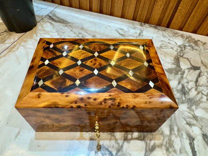 Handmade Moroccan Thuya Wood Jewelry Box, Lockable Burl Organizer with Key - AtlasMuseCrafts