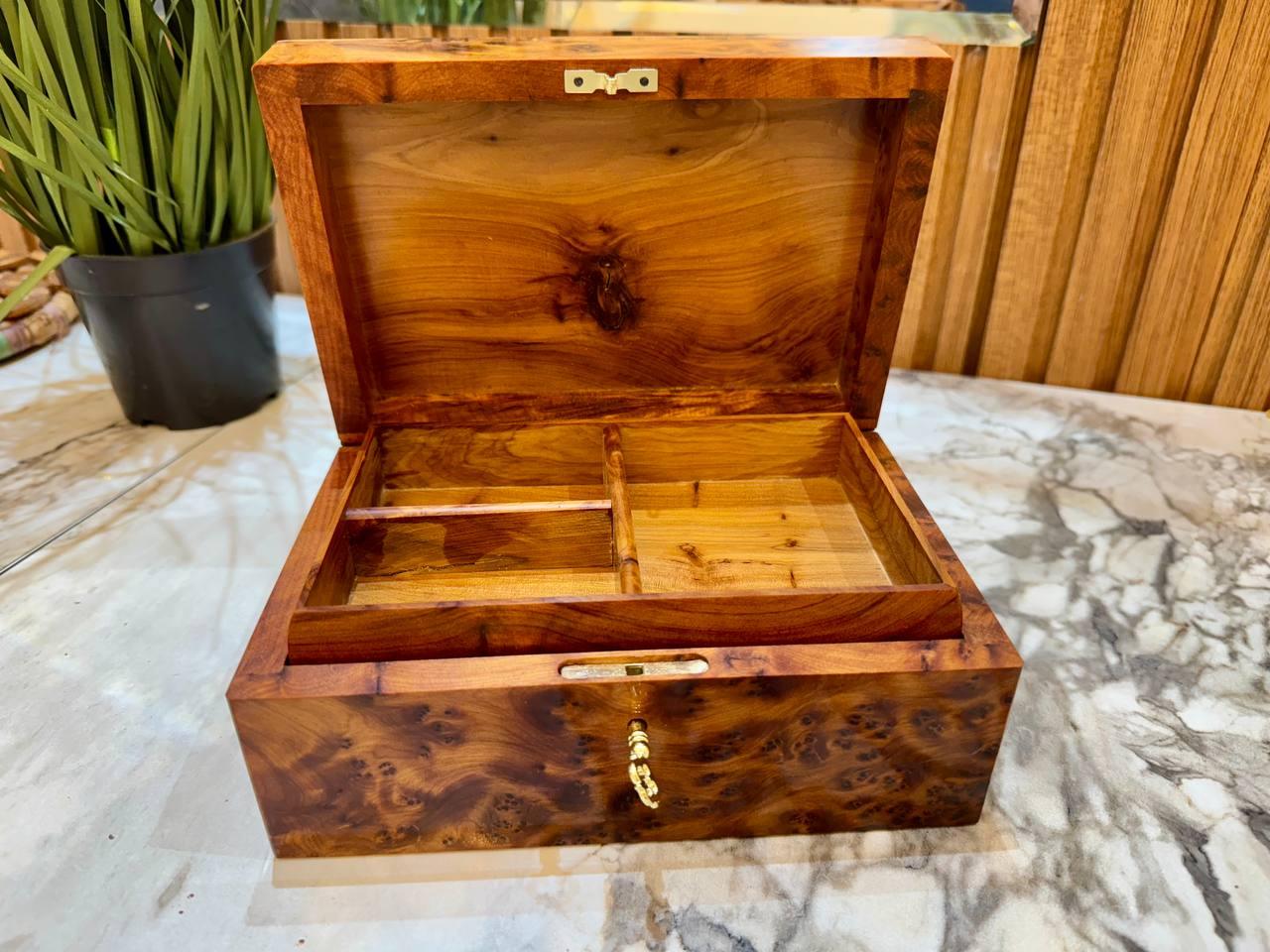 Handmade Moroccan Thuya Wood Jewelry Box, Lockable Burl Organizer with Key - AtlasMuseCrafts
