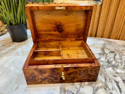 Handmade Moroccan Thuya Wood Jewelry Box, Lockable Burl Organizer with Key - AtlasMuseCrafts