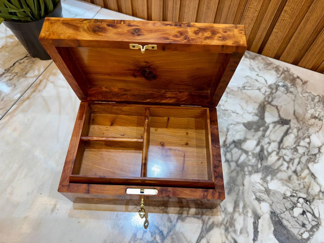 Handmade Moroccan Thuya Wood Jewelry Box, Lockable Burl Organizer with Key - AtlasMuseCrafts