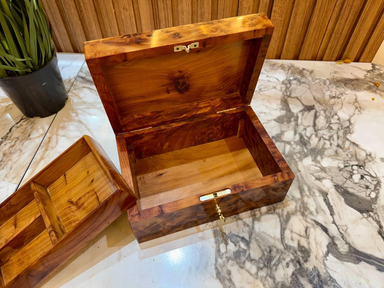 Handmade Moroccan Thuya Wood Jewelry Box, Lockable Burl Organizer with Key - AtlasMuseCrafts