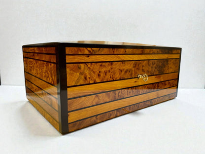 Large Handmade Wooden Jewelry Box with a sleek, glossy finish and intricate wood grain patterns.