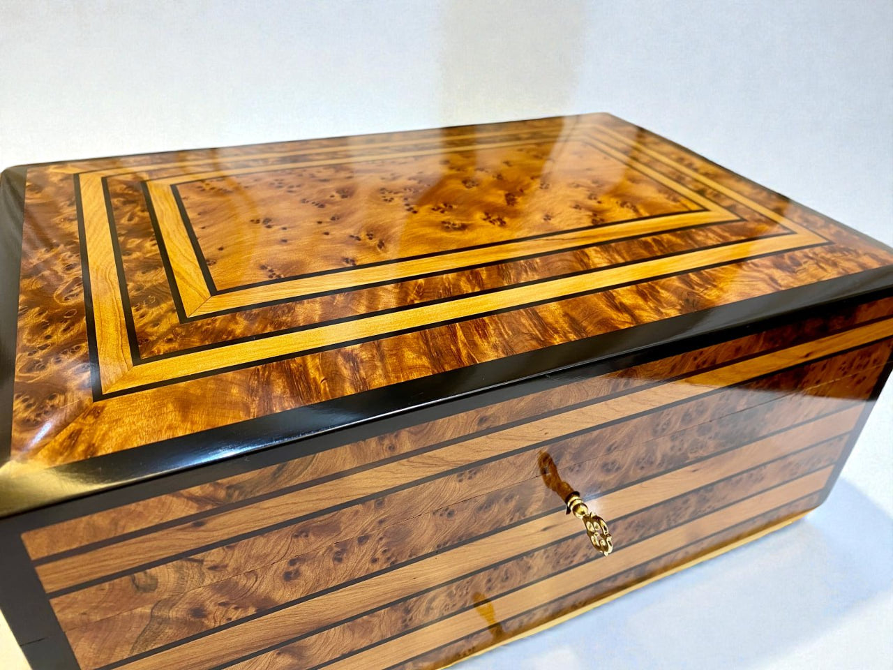 Large Handmade Wooden Jewelry Box with intricate inlay design and polished finish.