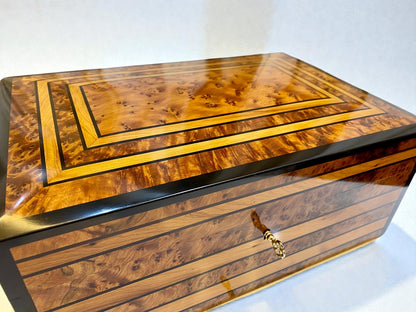 Large Handmade Wooden Jewelry Box with intricate inlay design and polished finish.