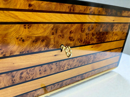 Large Handmade Wooden Jewelry Box featuring intricate wood grain and a decorative lock.