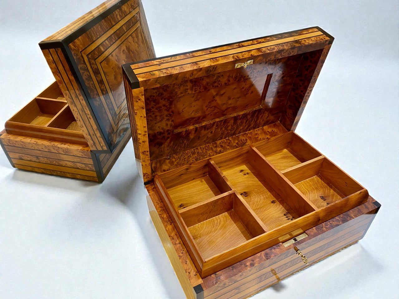 Large Handmade Wooden Jewelry Box interior view with compartments for organizing jewelry.