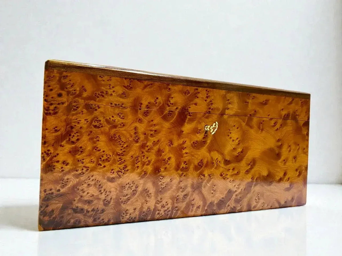 Large Wooden Box with Lid – Handmade Moroccan Thuya Storage Box in rich Thuya burl wood, showcasing unique grain patterns.