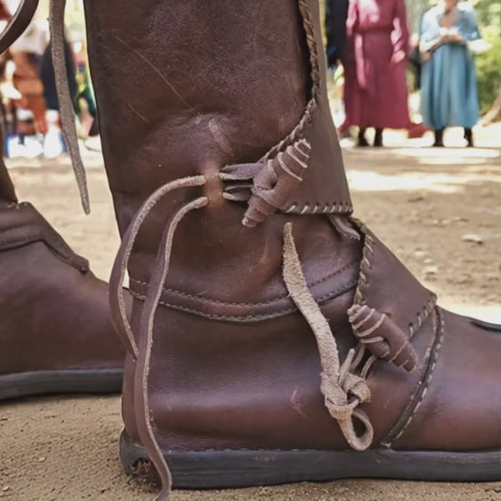 Handmade medieval Viking leather boots in full-grain leather, perfect for LARP, Renaissance fair, and historical reenactment