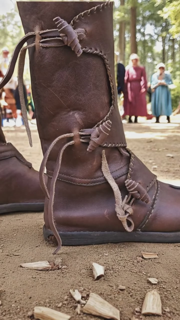 Handmade medieval Viking leather boots in full-grain leather, perfect for LARP, Renaissance fair, and historical reenactment