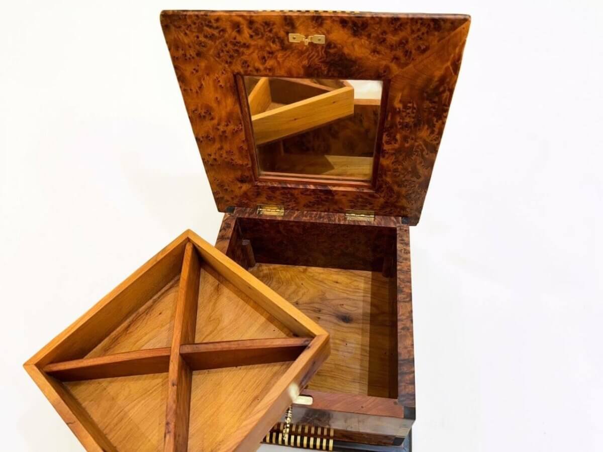 Interior view of Royal Wooden Jewelry Box – Luxury Moroccan Thuya Burl Box with removable divider and mirror.
