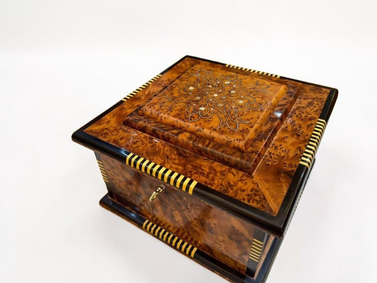 Royal wooden jewelry box made from polished Moroccan Thuya burl wood with brass hardware