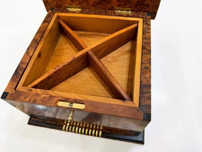 Interior view of Royal Wooden Jewelry Box – Luxury Moroccan Thuya Burl Box with divider for jewelry and keepsakes.