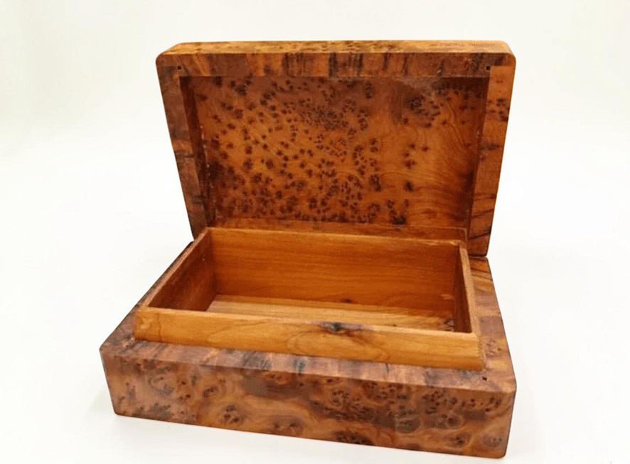 Small Thuya burl wood box with brass lock for travel jewelry storage